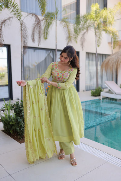 Elegant Mal Chanderi Embroidered Gown Set with Pant & Dupatta