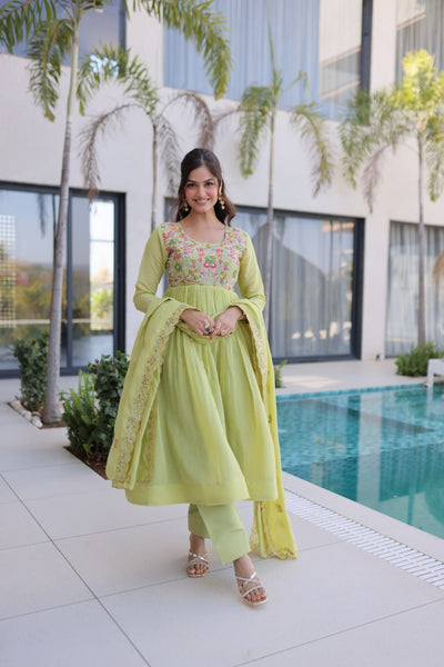 Elegant Mal Chanderi Embroidered Gown Set with Pant & Dupatta