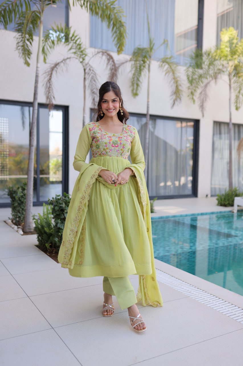 Elegant Mal Chanderi Embroidered Gown Set with Pant & Dupatta