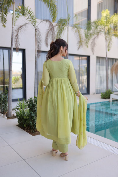 Elegant Mal Chanderi Embroidered Gown Set with Pant & Dupatta