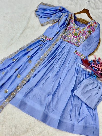 Elegant Mal Chanderi Embroidered Gown Set with Pant & Dupatta