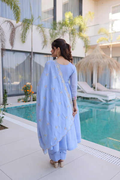 Elegant Mal Chanderi Embroidered Gown Set with Pant & Dupatta