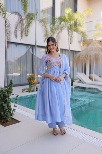 Elegant Mal Chanderi Embroidered Gown Set with Pant & Dupatta