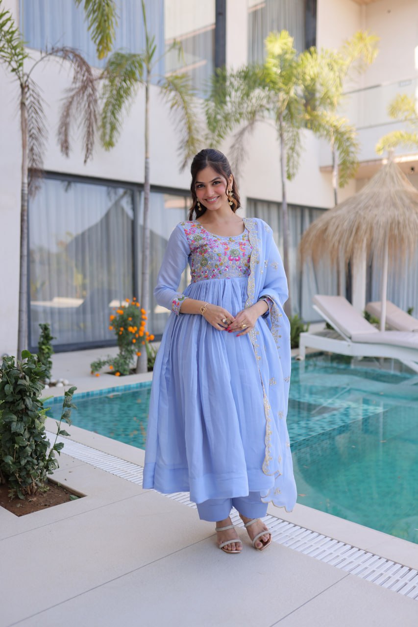 Elegant Mal Chanderi Embroidered Gown Set with Pant & Dupatta
