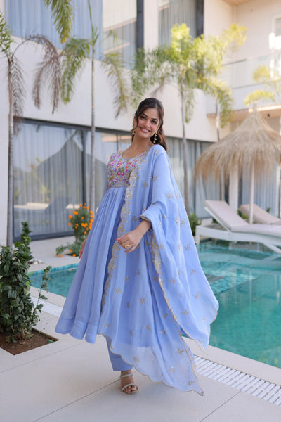 Elegant Mal Chanderi Embroidered Gown Set with Pant & Dupatta