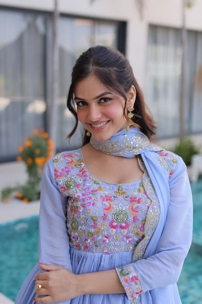 Elegant Mal Chanderi Embroidered Gown Set with Pant & Dupatta