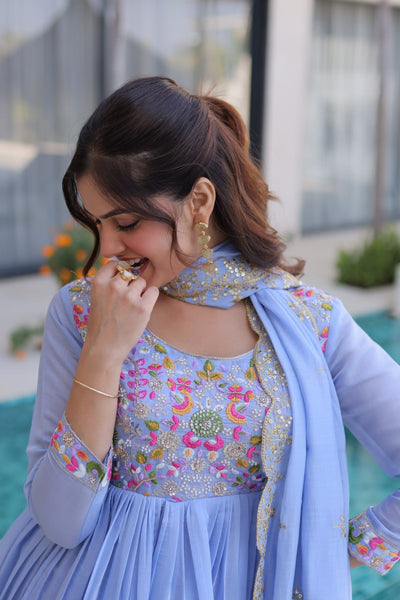Elegant Mal Chanderi Embroidered Gown Set with Pant & Dupatta