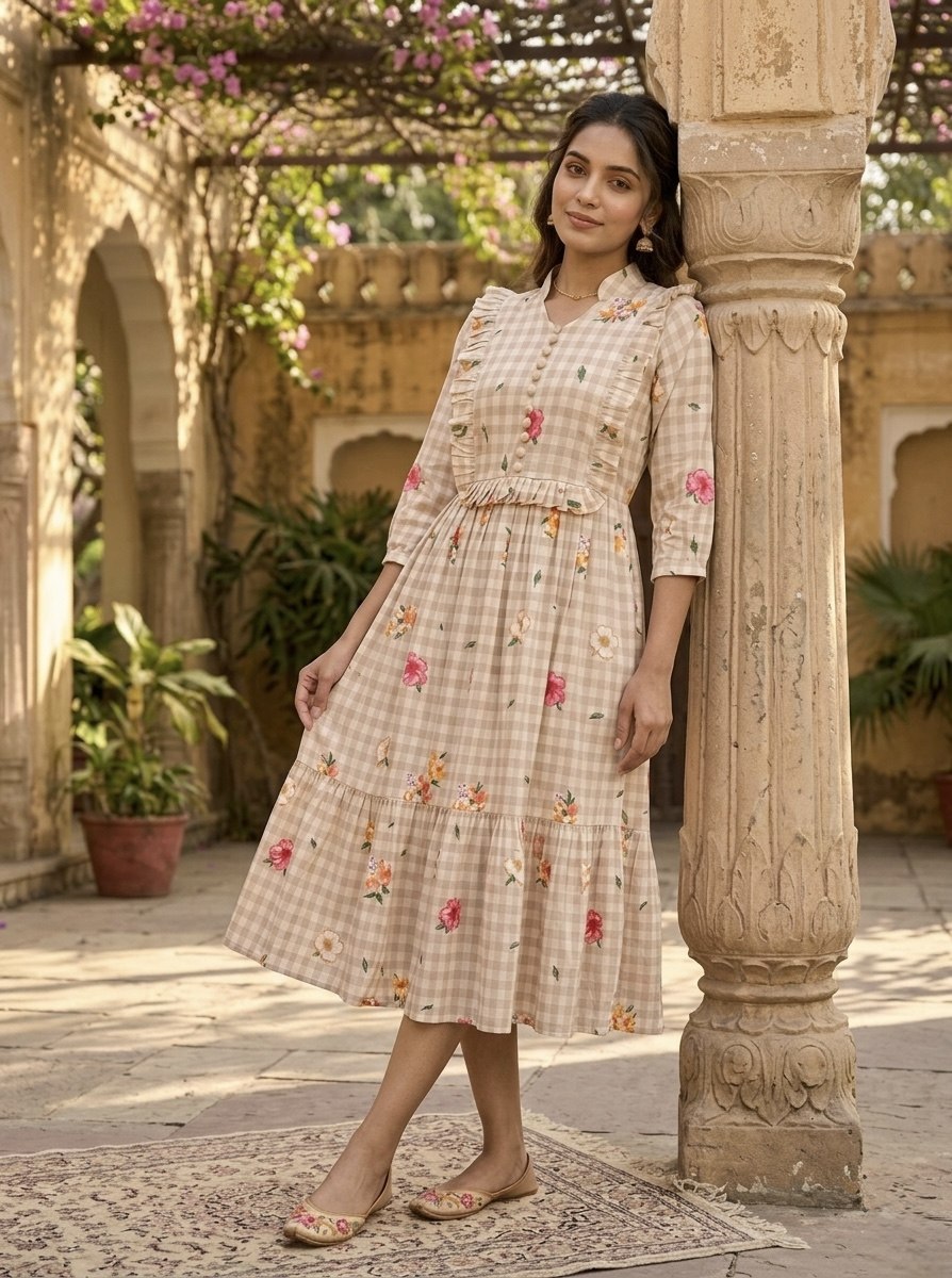 Premium Gingham Print Muslin Silk Kurti with Puff Sleeves