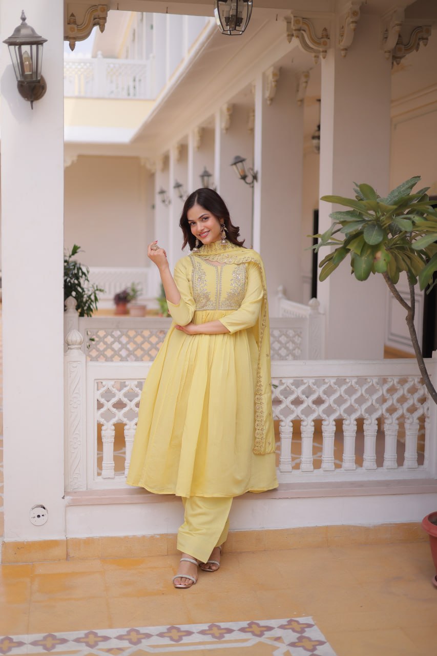 V-Neck Embroidered Gown Set with Roman Silk Pant & Dupatta