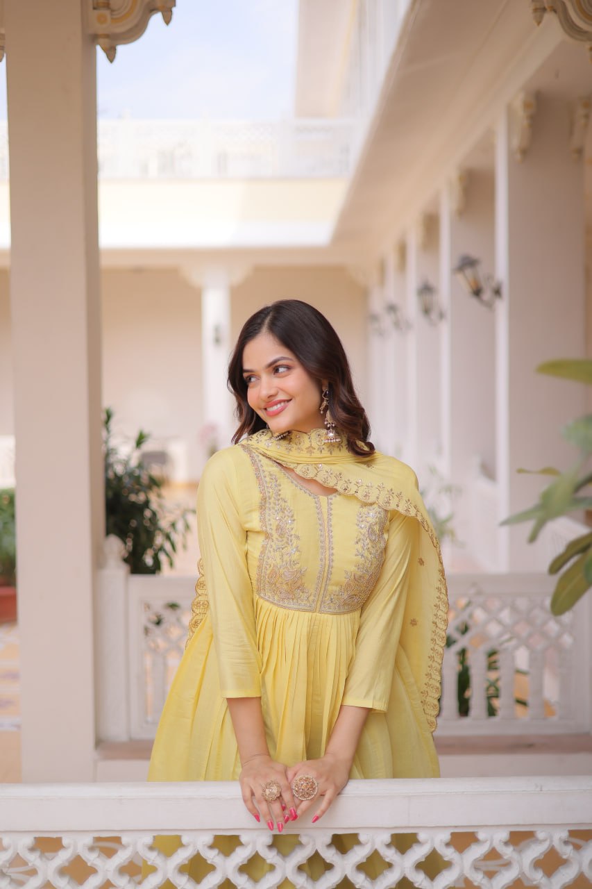 V-Neck Embroidered Gown Set with Roman Silk Pant & Dupatta