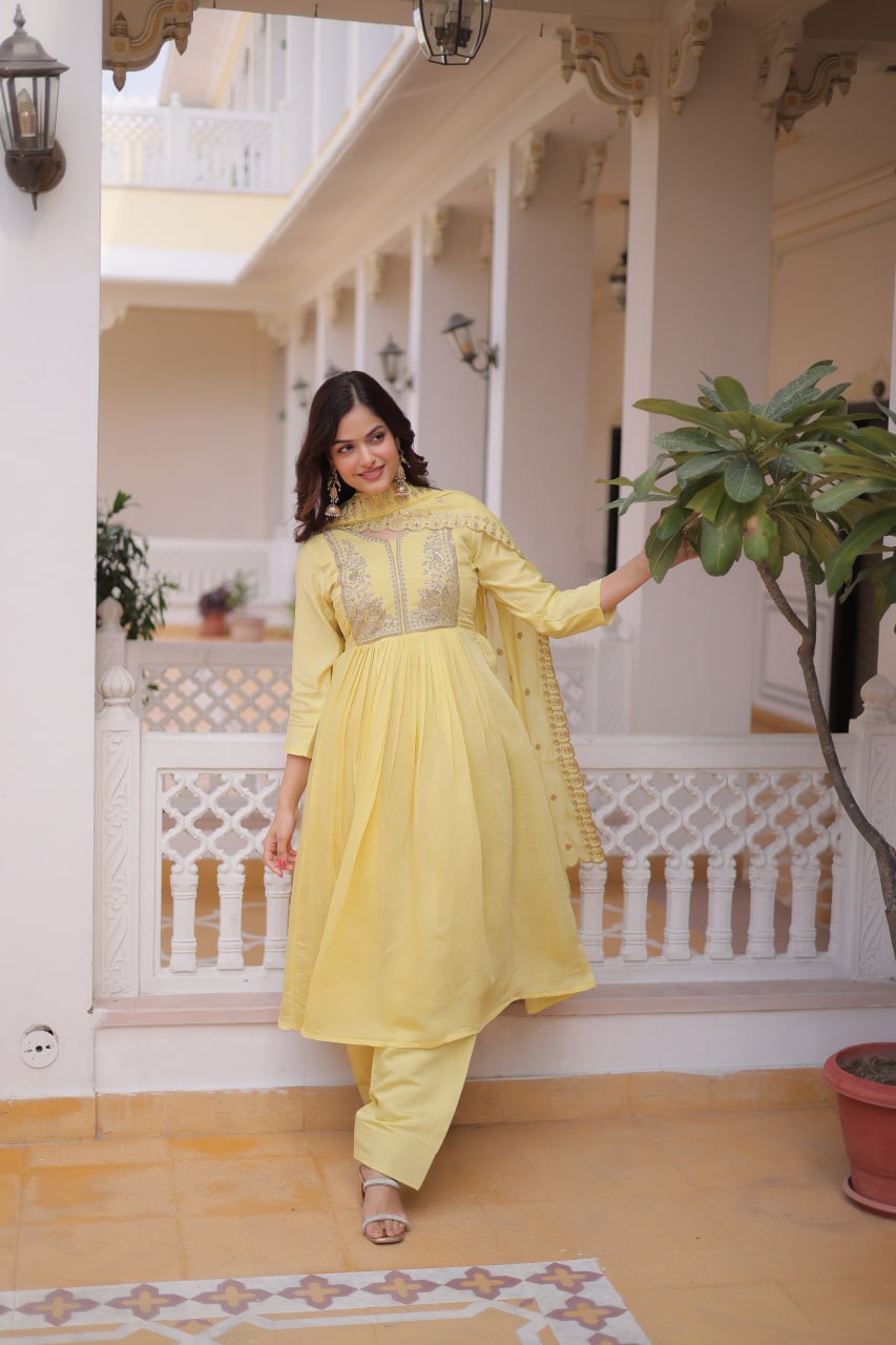 V-Neck Embroidered Gown Set with Roman Silk Pant & Dupatta