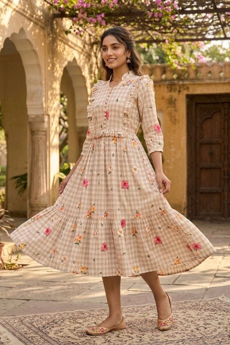 Premium Gingham Print Muslin Silk Kurti with Puff Sleeves