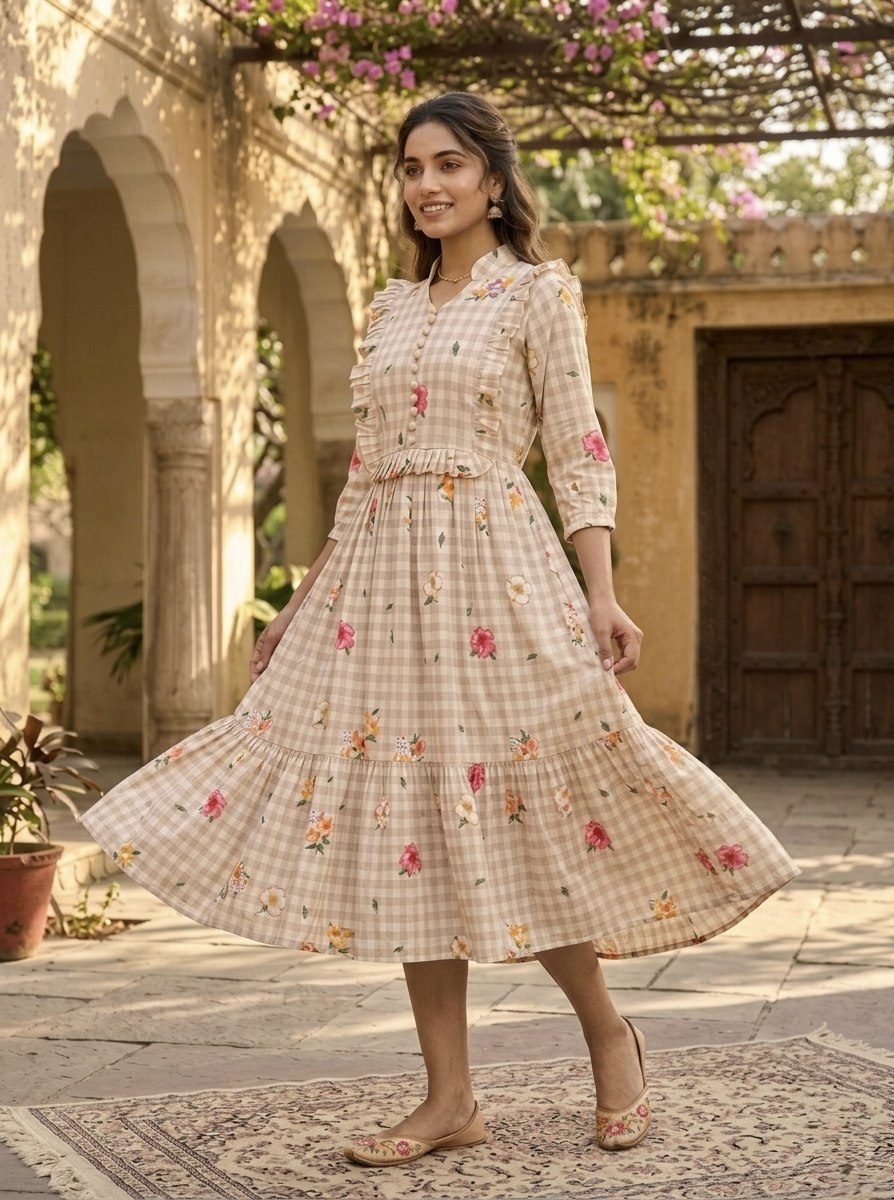 Premium Gingham Print Muslin Silk Kurti with Puff Sleeves