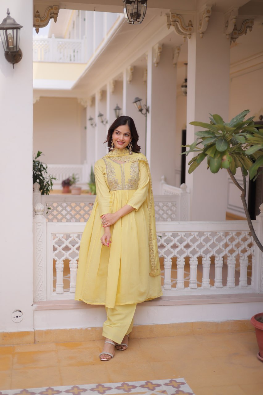 V-Neck Embroidered Gown Set with Roman Silk Pant & Dupatta