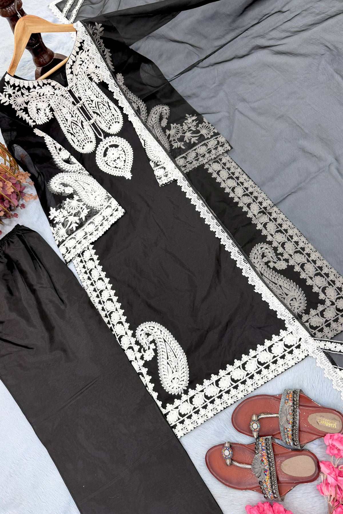 Pure Soft Organza Silk Embroidered Kurti & Satin Palazzo Set