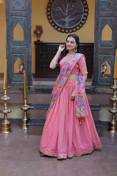 Premium Cosmos Silk Zari Embroidered Lehenga Choli with Tabby Silk Dupatta