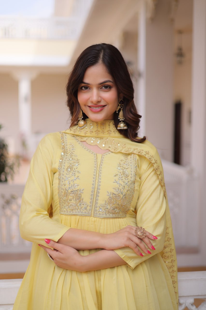 V-Neck Embroidered Gown Set with Roman Silk Pant & Dupatta