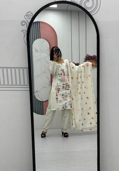 Premium Khadi Cotton Embroidered Kurti, Pant & Dupatta Set