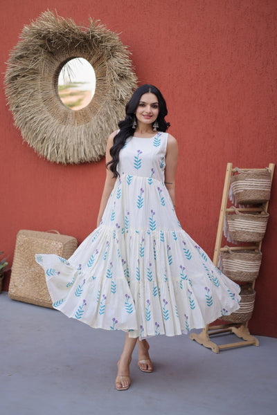 Printed Cotton Frill Kurti with 5-Meter Flair
