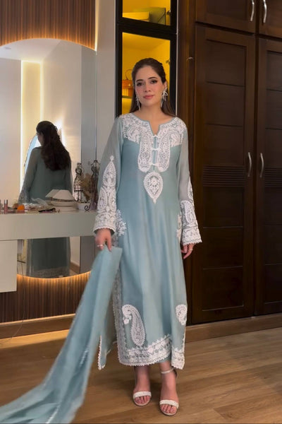 Pure Soft Organza Silk Embroidered Kurti & Satin Palazzo Set