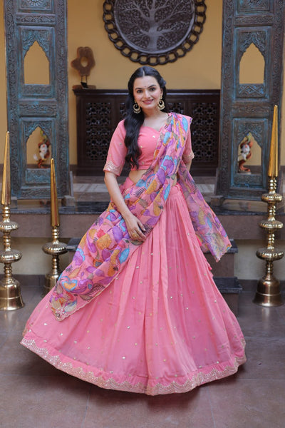 Premium Cosmos Silk Zari Embroidered Lehenga Choli with Tabby Silk Dupatta