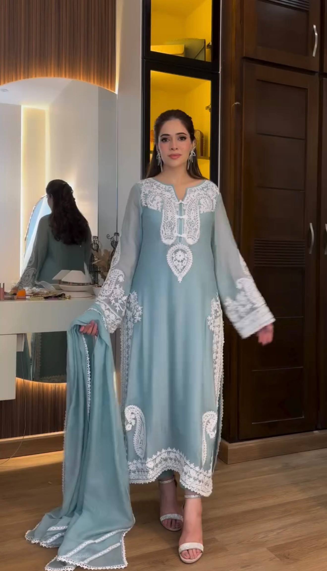 Pure Soft Organza Silk Embroidered Kurti & Satin Palazzo Set