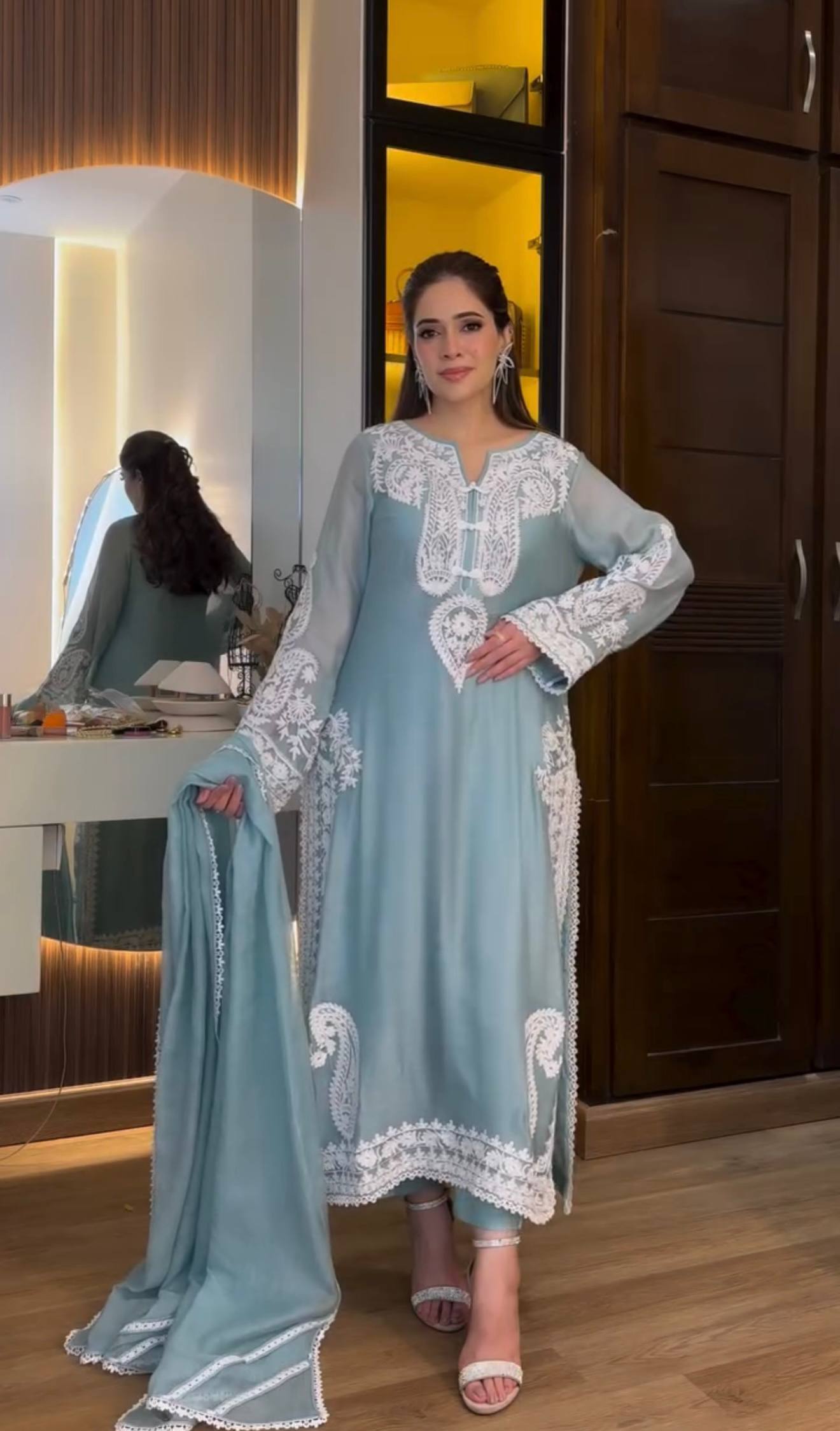 Pure Soft Organza Silk Embroidered Kurti & Satin Palazzo Set