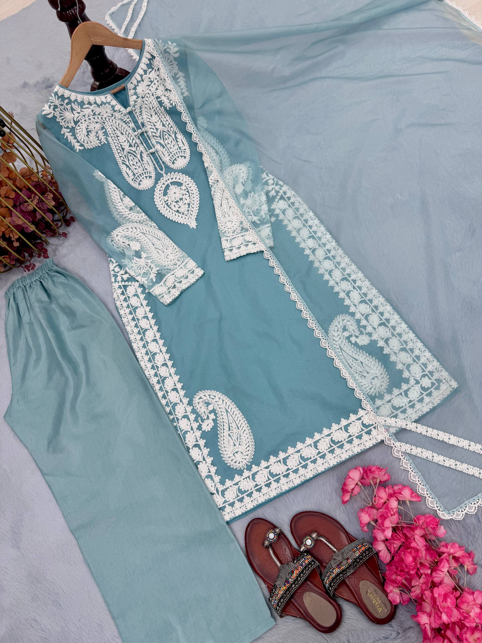 Pure Soft Organza Silk Embroidered Kurti & Satin Palazzo Set