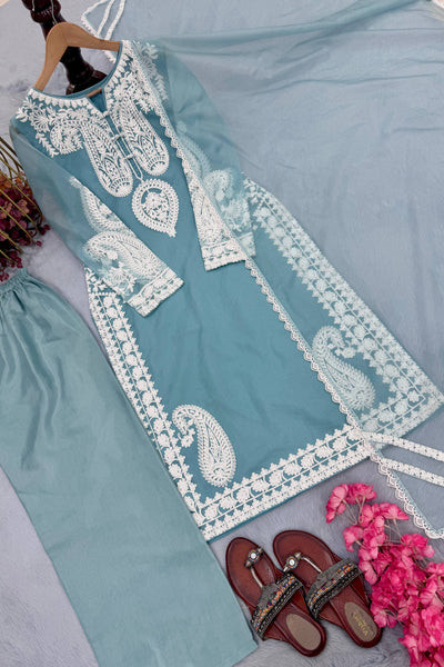 Pure Soft Organza Silk Embroidered Kurti & Satin Palazzo Set