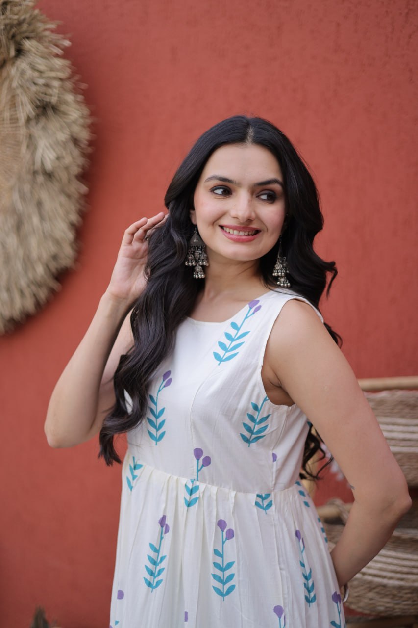Printed Cotton Frill Kurti with 5-Meter Flair