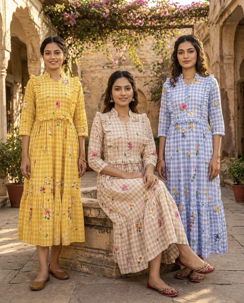 Premium Gingham Print Muslin Silk Kurti with Puff Sleeves