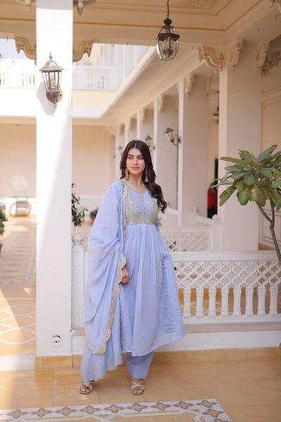 V-Neck Embroidered Gown Set with Roman Silk Pant & Dupatta
