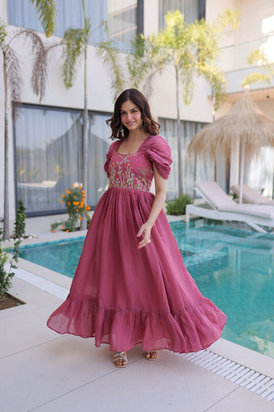 Square-Neck Mal Chanderi Gown with 7-Meter Flair (Readymade Collection)