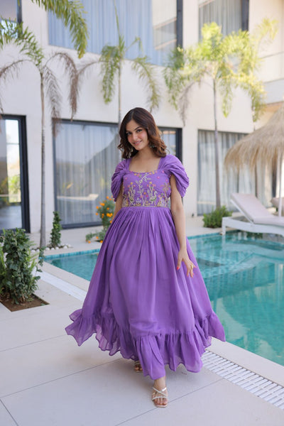 Square-Neck Mal Chanderi Gown with 7-Meter Flair (Readymade Collection)