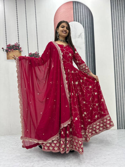 Premium Fox Georgette Embroidered Partywear Gown & Dupatta Set