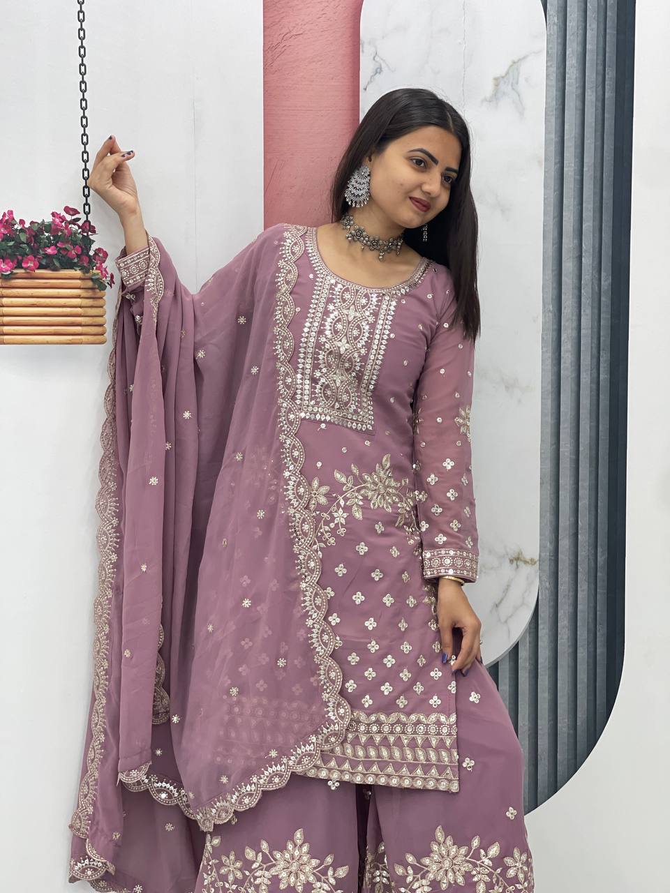 Premium Fox Georgette Embroidered Kurti & Palazzo Set with Dupatta
