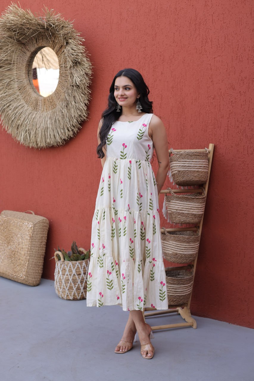 Printed Cotton Frill Kurti with 5-Meter Flair