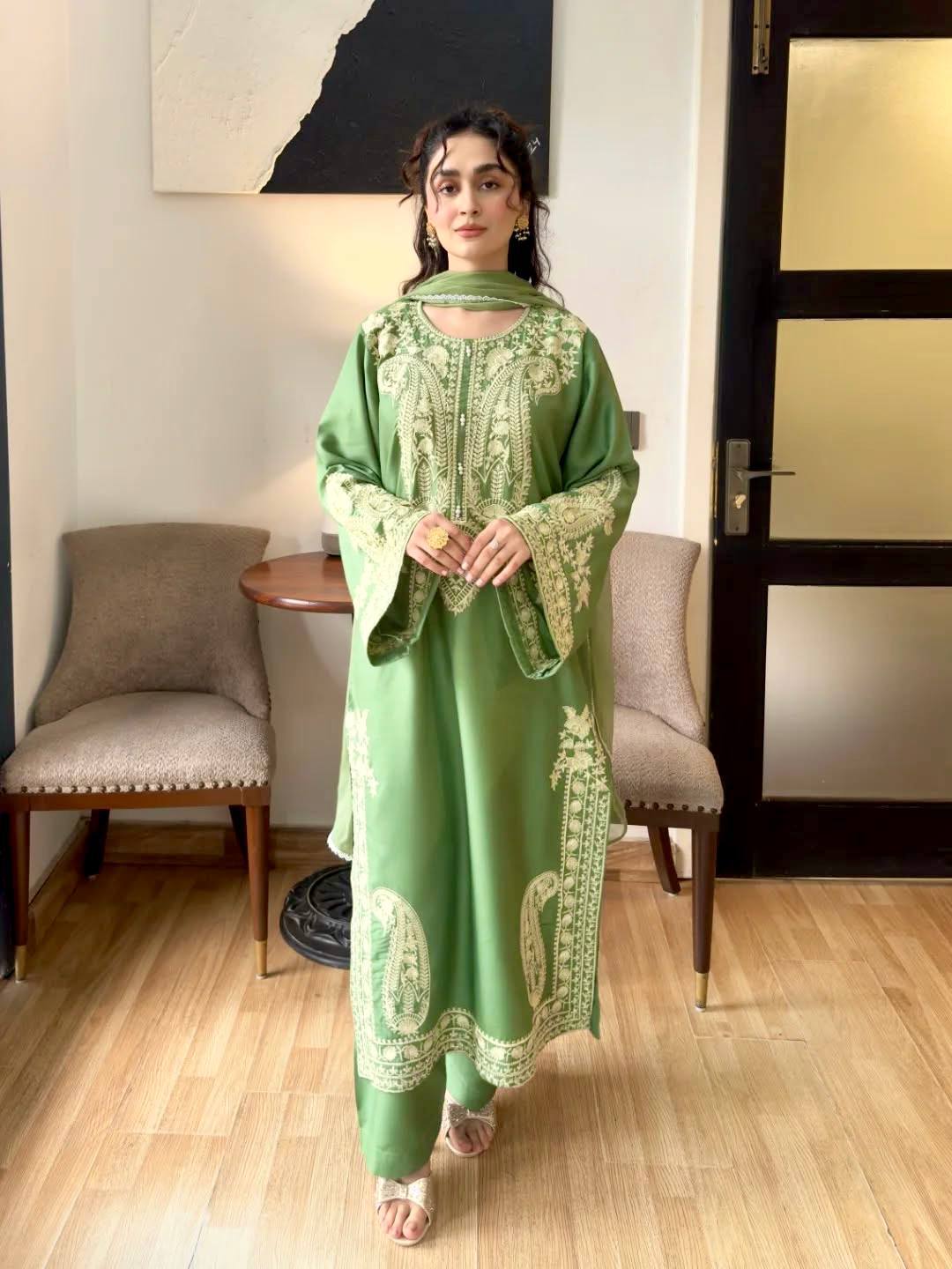 Pure Soft Organza Silk Embroidered Kurti & Satin Palazzo Set