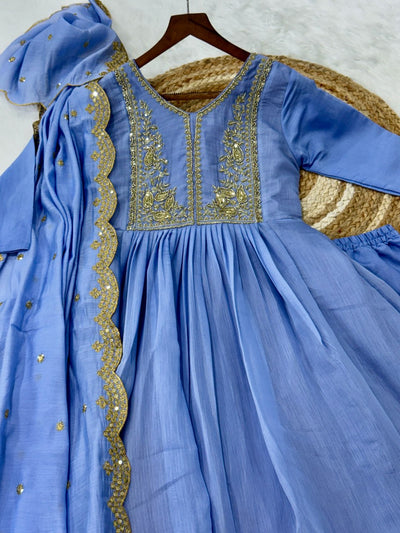 V-Neck Embroidered Gown Set with Roman Silk Pant & Dupatta