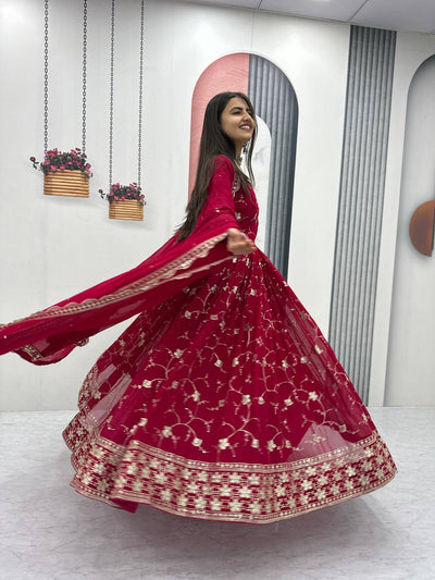 Premium Fox Georgette Embroidered Partywear Gown & Dupatta Set
