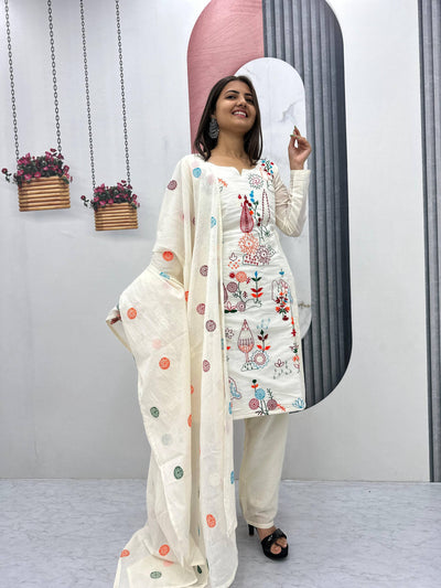 Premium Khadi Cotton Embroidered Kurti, Pant & Dupatta Set