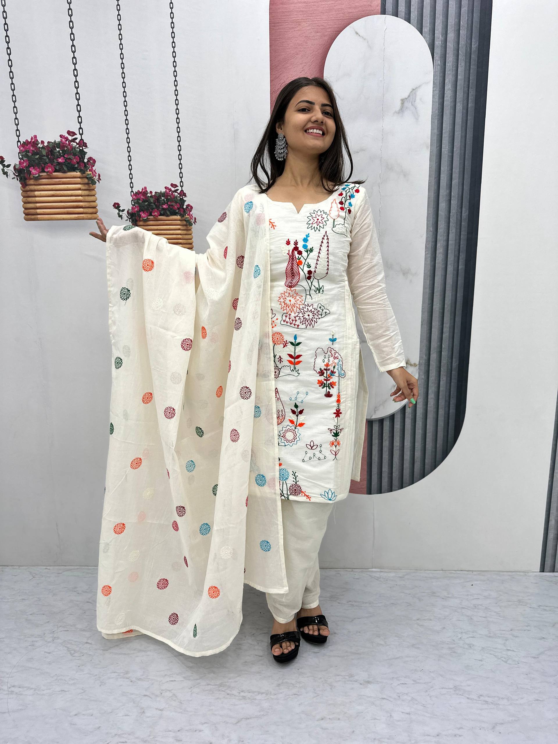 Premium Khadi Cotton Embroidered Kurti, Pant & Dupatta Set