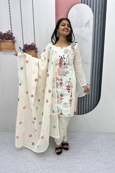 Premium Khadi Cotton Embroidered Kurti, Pant & Dupatta Set