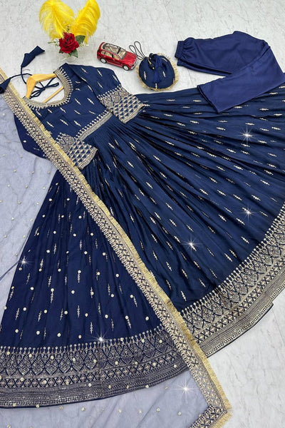 Premium Pure Chinon Silk Embroidered Gown Set with Matching Fancy Purse