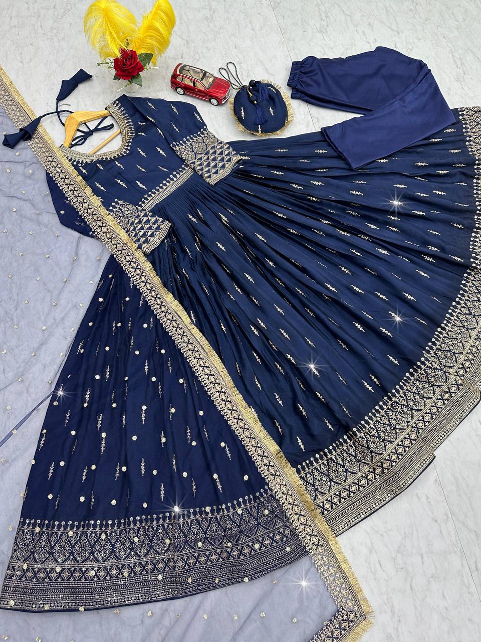 Premium Pure Chinon Silk Embroidered Gown Set with Matching Fancy Purse