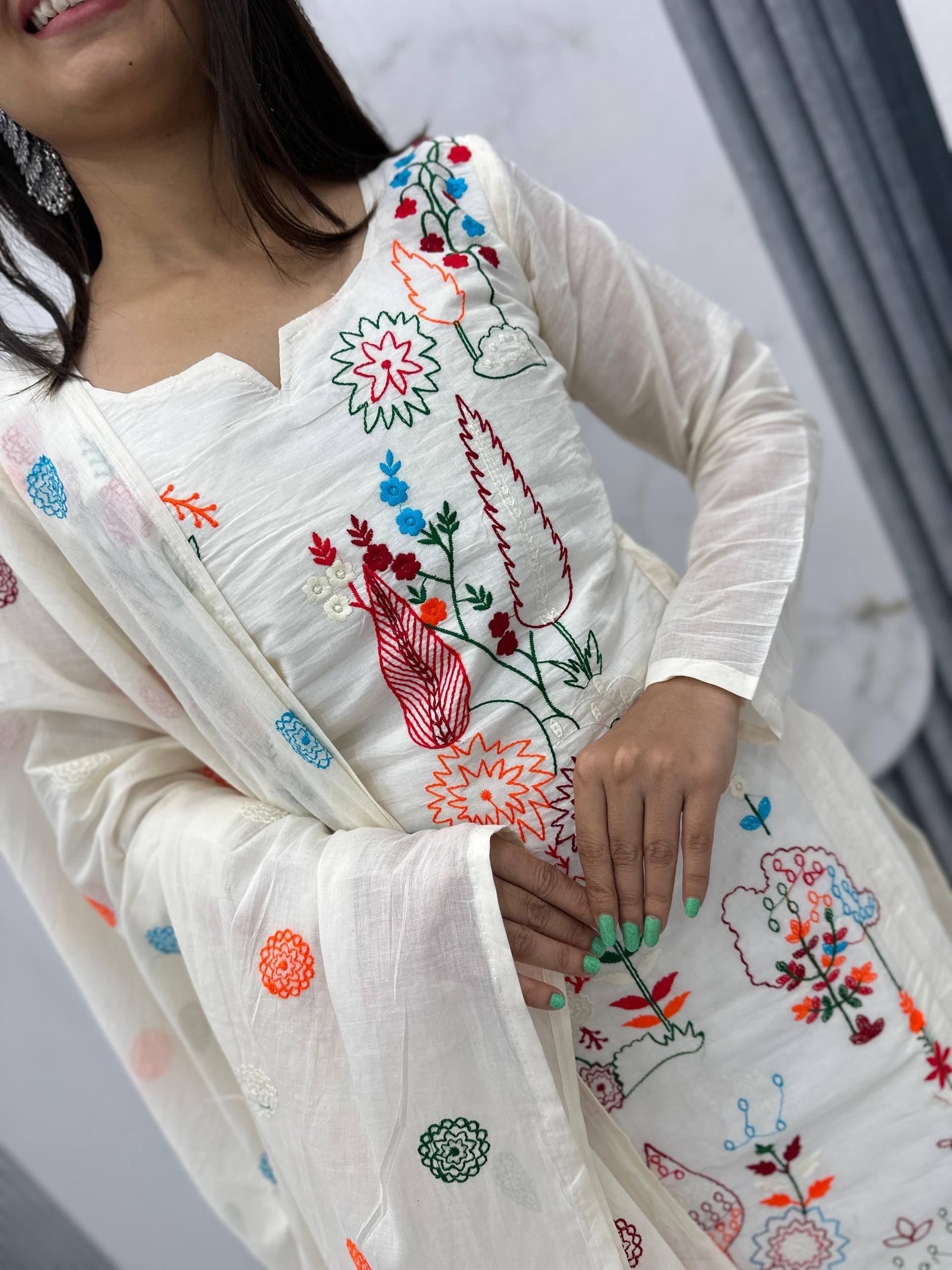 Premium Khadi Cotton Embroidered Kurti, Pant & Dupatta Set