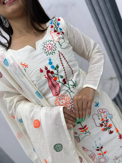 Premium Khadi Cotton Embroidered Kurti, Pant & Dupatta Set