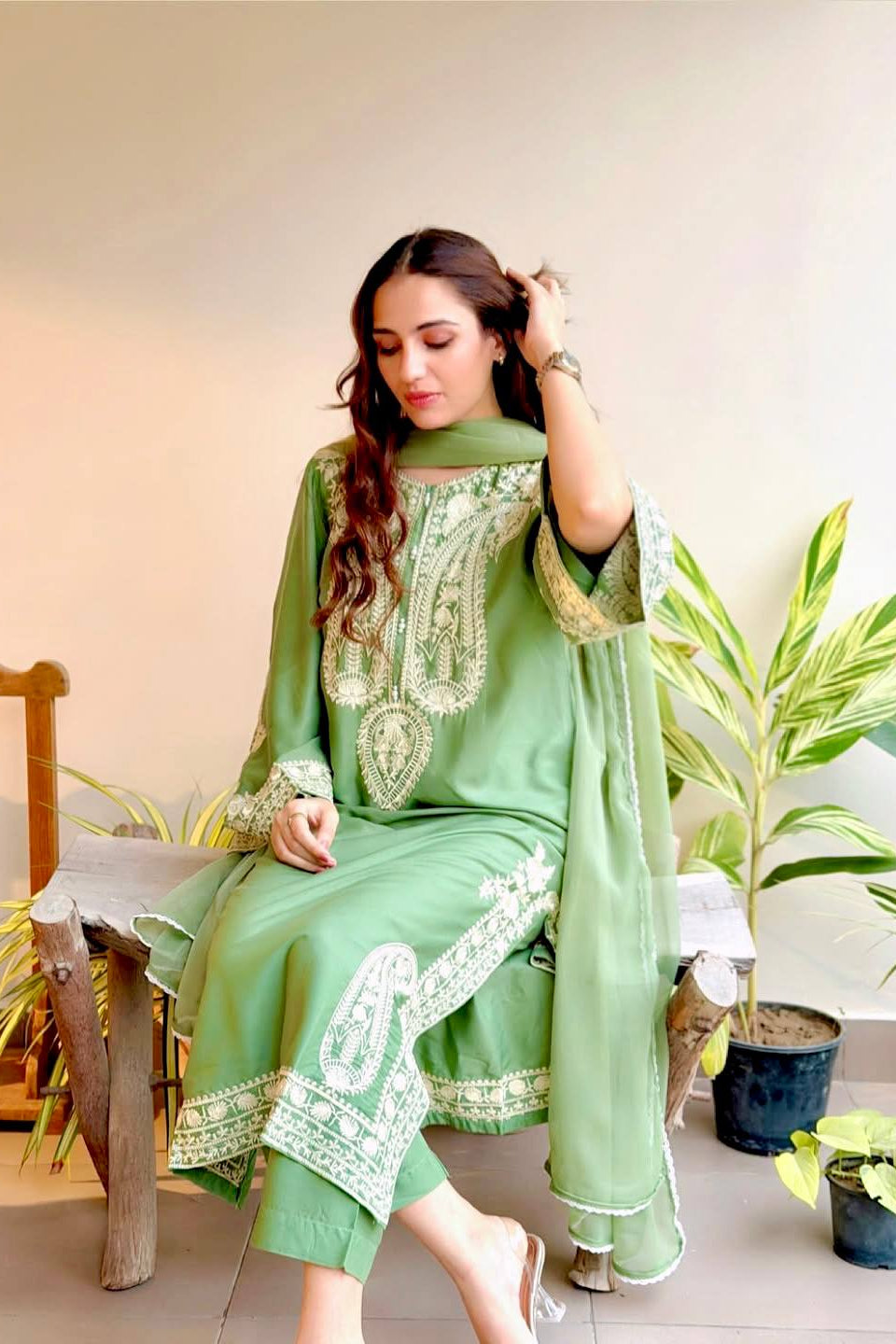Pure Soft Organza Silk Embroidered Kurti & Satin Palazzo Set