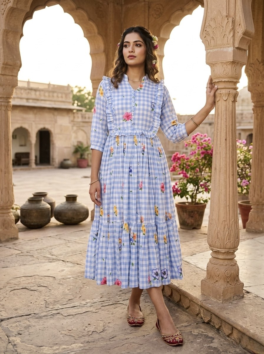Premium Gingham Print Muslin Silk Kurti with Puff Sleeves