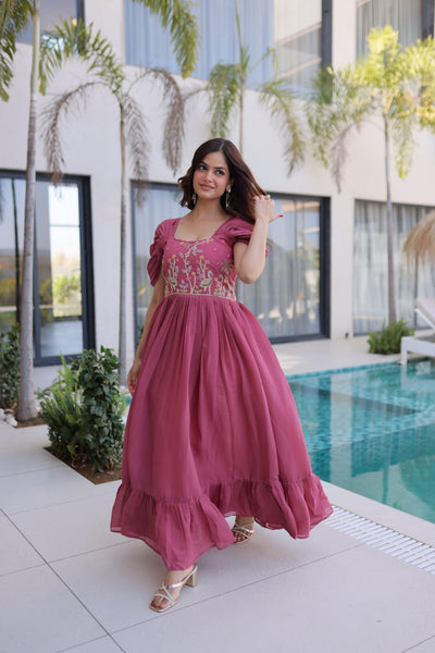 Square-Neck Mal Chanderi Gown with 7-Meter Flair (Readymade Collection)